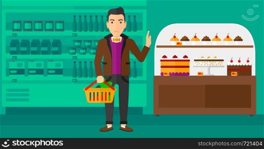 A man holding a basket full of healthy food and refusing junk food on a supermarket background vector flat design illustration. Horizontal layout.. Man holding supermarket basket.