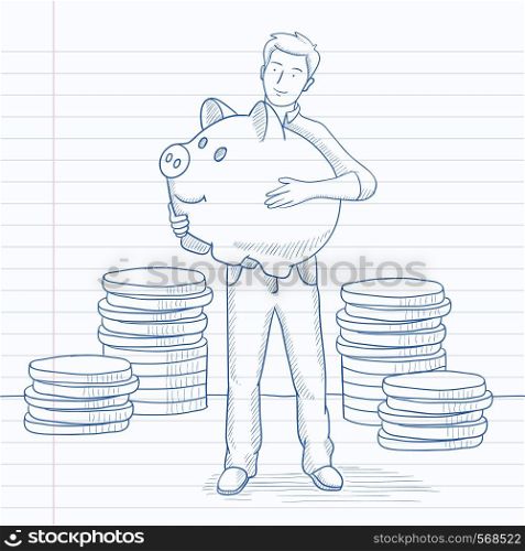A man holding a big piggy bank in hands and stacks of coins behind him. Hand drawn vector sketch illustration. Notebook paper in line background.. Man carrying piggy bank.