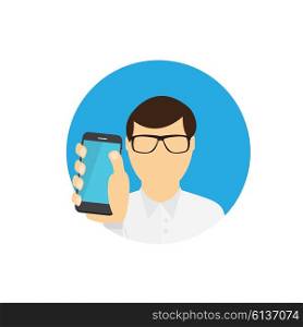 A Man Holding a Mobile Phone. Communication Concept. Vector Illustration. EPS10. The Man Holding a Mobile Phone. Communication Concept. Vector