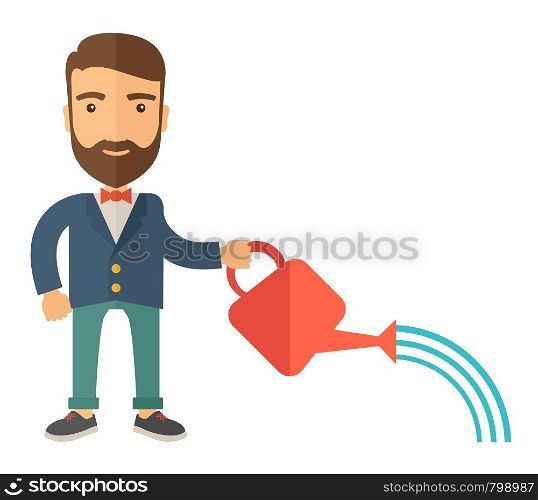 A man holding a watering can with water. A Contemporary style. Vector flat design illustration isolated white background. Square layout.. Man holding a watering can with water.