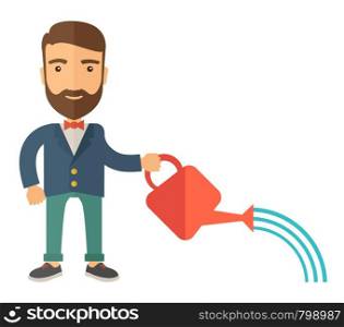 A man holding a watering can with water. A Contemporary style. Vector flat design illustration isolated white background. Square layout.. Man holding a watering can with water.