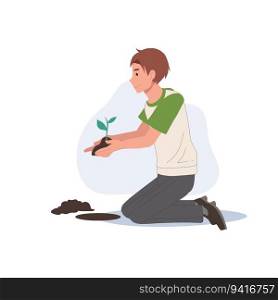 A man holding small green plant in their hands with dirt for plant it. Flat vector cartoon illustration