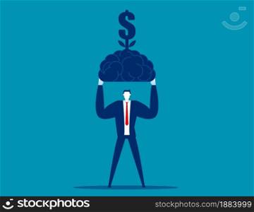 A man holding the brain with money growing over the head