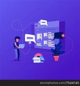 A man holds a laptop and a browser in the background. Vector isometry illustration