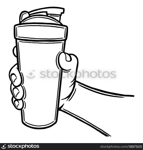 A man holds a protein shaker in his hand. Outline silhouette. Design element. Vector illustration isolated on white background. Template for books, stickers, posters, cards, clothes.