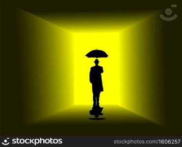 A man in a black coat, his right hand holding an umbrella. stood in front of the door with a yellow light.
