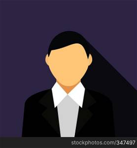 A man in a black suit icon in flat style on a violet background. A man in a black suit icon, flat styl