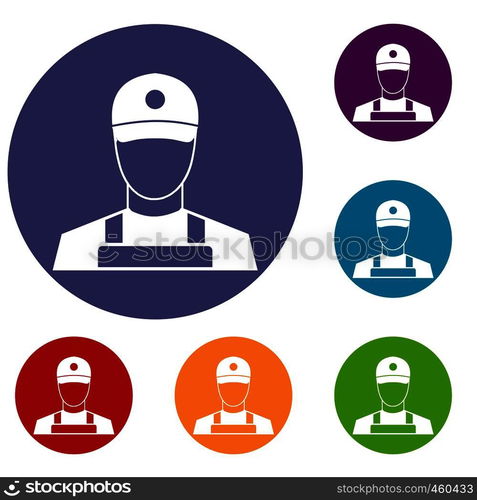 A man in a cap and uniform icons set in flat circle reb, blue and green color for web. A man in a cap and uniform icons set