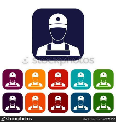 A man in a cap and uniform icons set vector illustration in flat style in colors red, blue, green, and other. A man in a cap and uniform icons set