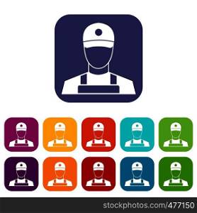 A man in a cap and uniform icons set vector illustration in flat style in colors red, blue, green, and other. A man in a cap and uniform icons set