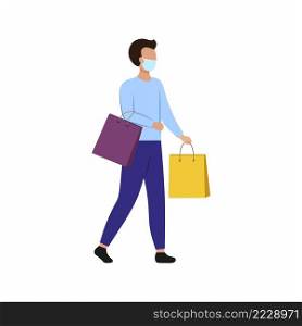 A man in a medical mask is holding a shopping bag. A man goes to the supermarket.