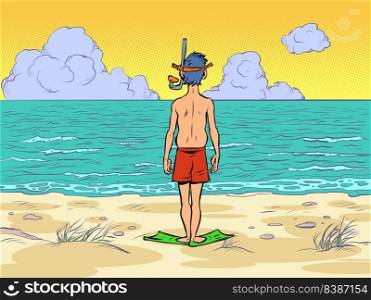 a man in a scuba mask is preparing to dive, standing on the seashore of the ocean by the water. Comic cartoon vintage retro hand drawing illustration. a man in a scuba mask is preparing to dive, standing on the seashore of the ocean by the water