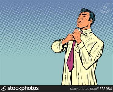 A man in a shirt ties his tie. Morning preparations for work. Pop art retro vector illustration 50s 60s style. A man in a shirt ties his tie. Morning preparations for work