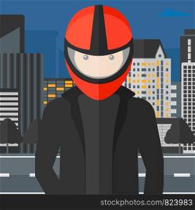 A man in biker helmet on the background of night city vector flat design illustration. Square layout.. Man in biker helmet.