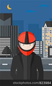 A man in biker helmet on the background of night city vector flat design illustration. Vertical layout.. Man in biker helmet.