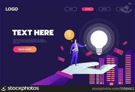 A man in city with big light bulb, and money. Idea, start up launching, business success. violet palette. Website landing web page template. A man in city with big light bulb, and money. Idea, start up launching, business success. violet palette. Website landing web page template.