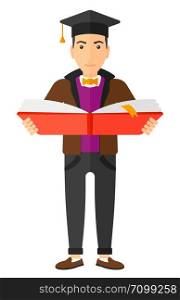 A man in graduation cap with an open book in hands vector flat design illustration isolated on white background. Vertical layout.. Man in graduation cap holding book.