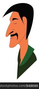 A man in green shirt with eyes closed and a black mustache, vector, color drawing or illustration.