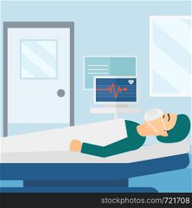 A man in oxygen mask lying in hospital ward with heart rate monitor vector flat design illustration. Square layout.. Patient lying in hospital bed with heart monitor.