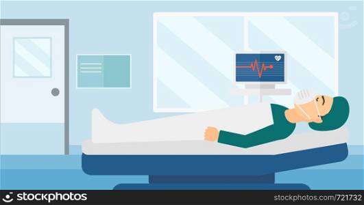 A man in oxygen mask lying in hospital ward with heart rate monitor vector flat design illustration. Horizontal layout.. Patient lying in hospital bed with heart monitor.