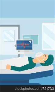 A man in oxygen mask lying in hospital ward with heart rate monitor vector flat design illustration. Vertical layout.. Patient lying in hospital bed with heart monitor.