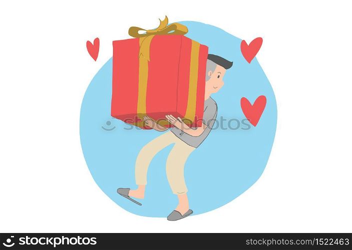 A man is carrying the giant giftbox
