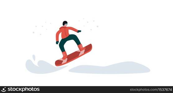 A man is engaged in snowboarding. The concept of a snowboarder rapidly flying on snowy expanses. Illustration of an extreme and active lifestyle, sport.. A man is engaged in snowboarding. The concept of a snowboarder rapidly flying