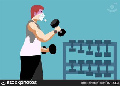 a man is exercising, lifting dumbells in gym. He is wearing a face mask and struggling hard to breathing.