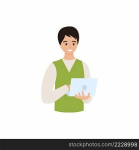 A man is holding a laptop. Programmer with a laptop in his hands. Vector flat male character.
