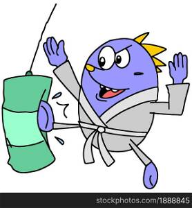 a man is practicing kicking a punching bag. cartoon illustration sticker mascot emoticon