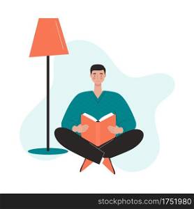 A man is reading a book while sitting on the floor at home. The concept of love for books and reading, home schooling. Flat vector character.