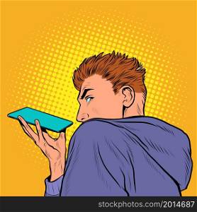 a man is talking on a smartphone on a speakerphone, holding the phone horizontally. Pop art retro vector illustration kitsch vintage 50s 60s style. a man is talking on a smartphone on a speakerphone, holding the phone horizontally
