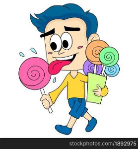 a man is walking with a bag of candy lollipops. cartoon illustration cute sticker