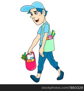 a man is walking with a shopping bag from the market. cartoon illustration cute sticker