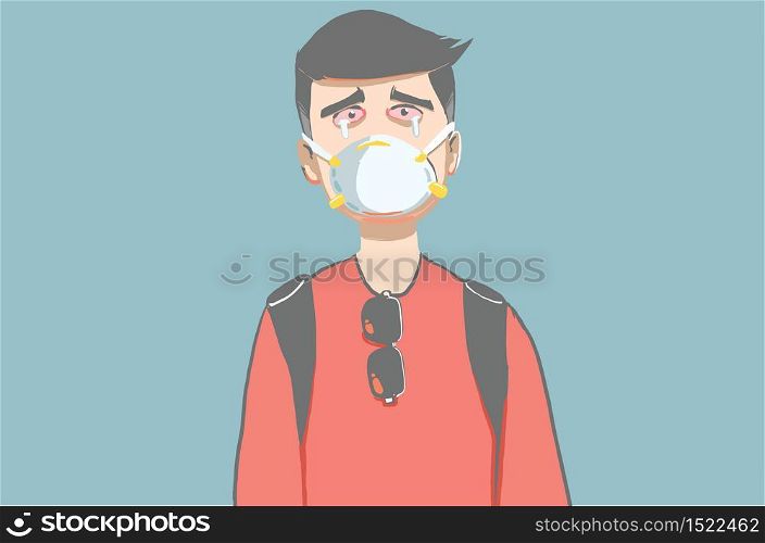 a man is wearing the N95 face mask to protect virus and PM2.5. Smoke make him has red eye.