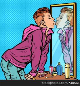 a man kisses his own reflection, narcissism ego selfishness. Pop art retro vector Illustrator vintage kitsch drawing. a man kisses his own reflection, narcissism ego selfishness