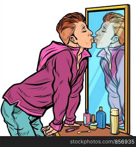 a man kisses his own reflection, narcissism ego selfishness. Pop art retro vector Illustrator vintage kitsch drawing. a man kisses his own reflection, narcissism ego selfishness