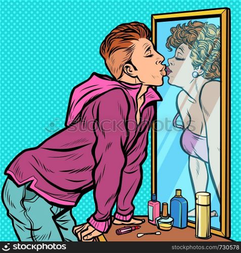 a man kissing a woman reflected in the mirror, dream. Pop art retro vector Illustrator vintage kitsch drawing. a man kissing a woman reflected in the mirror, dream