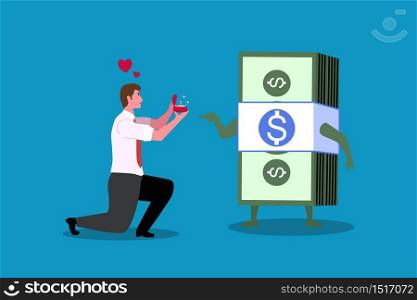 A man knelt and gave the diamond ring to the bundle of banknotes . Which means that he loved his money so much that he would marry it. The lonely wealthy man.