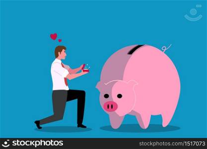 A man knelt and gave the diamond ring to the piggy bank. Which means that he loved his savings so much that he would marry it.