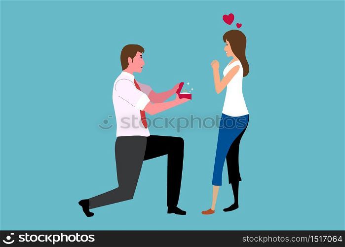 A man knelt while offering his girlfriend a diamond ring. She looks very happy.