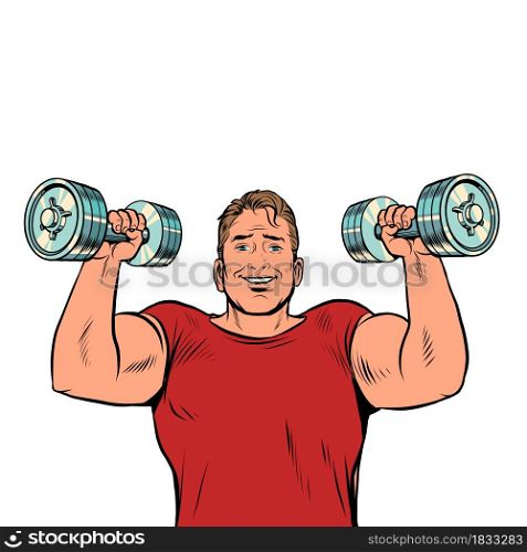 a man lifts dumbbells, sports and health, morning exercises. Businessman daily routine. Pop art retro vector illustration kitsch vintage 50s 60 style. a man lifts dumbbells, sports and health, morning exercises. Businessman daily routine