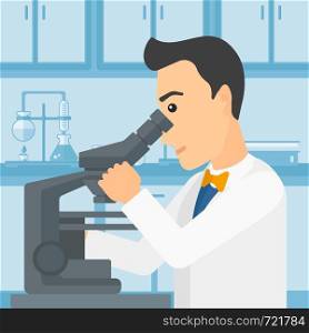 A man looking through a microscope on the background of laboratory vector flat design illustration. Square layout.. Laboratory assistant with microscope.