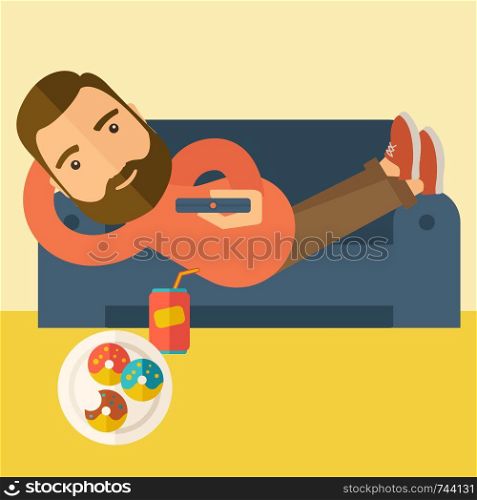 A man lying in the sofa holding a remote with three donuts and soda on the floor. Relaxing concept. A Contemporary style with pastel palette, soft beige tinted background. Vector flat design illustration. Square layout.. Man lying in the sofa holding a remote.