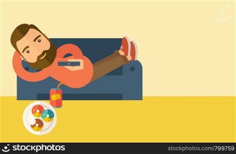 A man lying in the sofa holding a remote with three donuts and soda on the floor. Relaxing concept. A Contemporary style with pastel palette, soft beige tinted background. Vector flat design illustration. Horizontal layout with text space in right side.. Man lying in the sofa holding a remote.