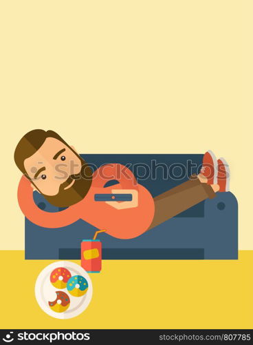 A man lying in the sofa holding a remote with three donuts and soda on the floor. Relaxing concept. A Contemporary style with pastel palette, soft beige tinted background. Vector flat design illustration. Vertical layout with text space on top part.. Man lying in the sofa holding a remote.