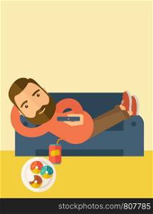 A man lying in the sofa holding a remote with three donuts and soda on the floor. Relaxing concept. A Contemporary style with pastel palette, soft beige tinted background. Vector flat design illustration. Vertical layout with text space on top part.. Man lying in the sofa holding a remote.