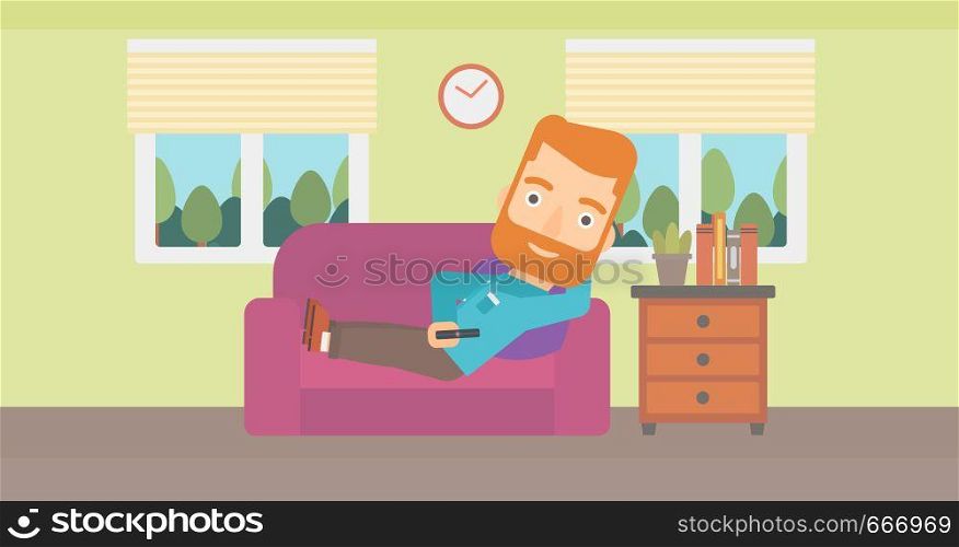 A man lying on a sofa and watching tv with a remote control in his hand vector flat design illustration. Horizontal layout.. Man lying on sofa.