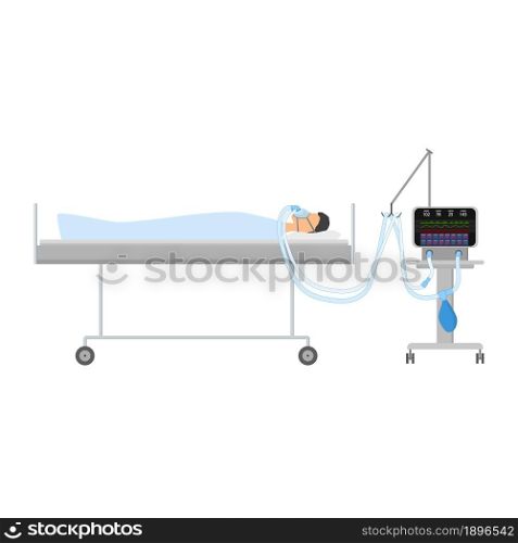 A man lying on the bed with CPAP. The device for artificial ventilation of the lungs. Sleeping Apnea. Isolated vector.