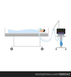 A man lying on the bed with CPAP. The device for artificial ventilation of the lungs. Sleeping Apnea. Isolated vector.